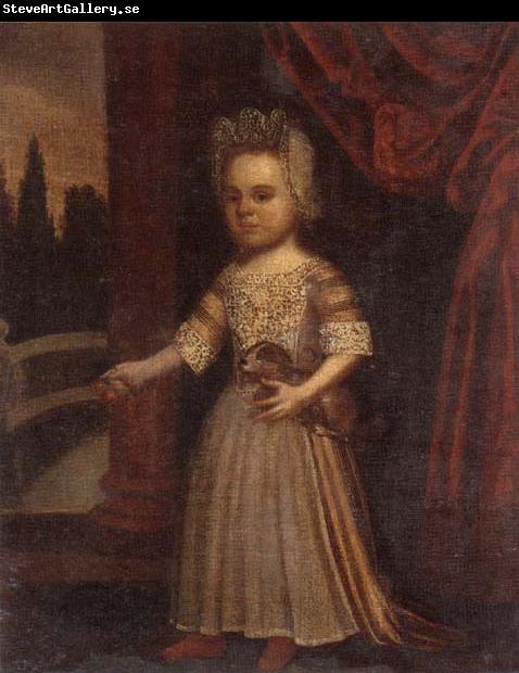 unknow artist Portrait of a young girl,full length,holding a toy dog and a bunch of cherries,set beside a partly-draped red curtain